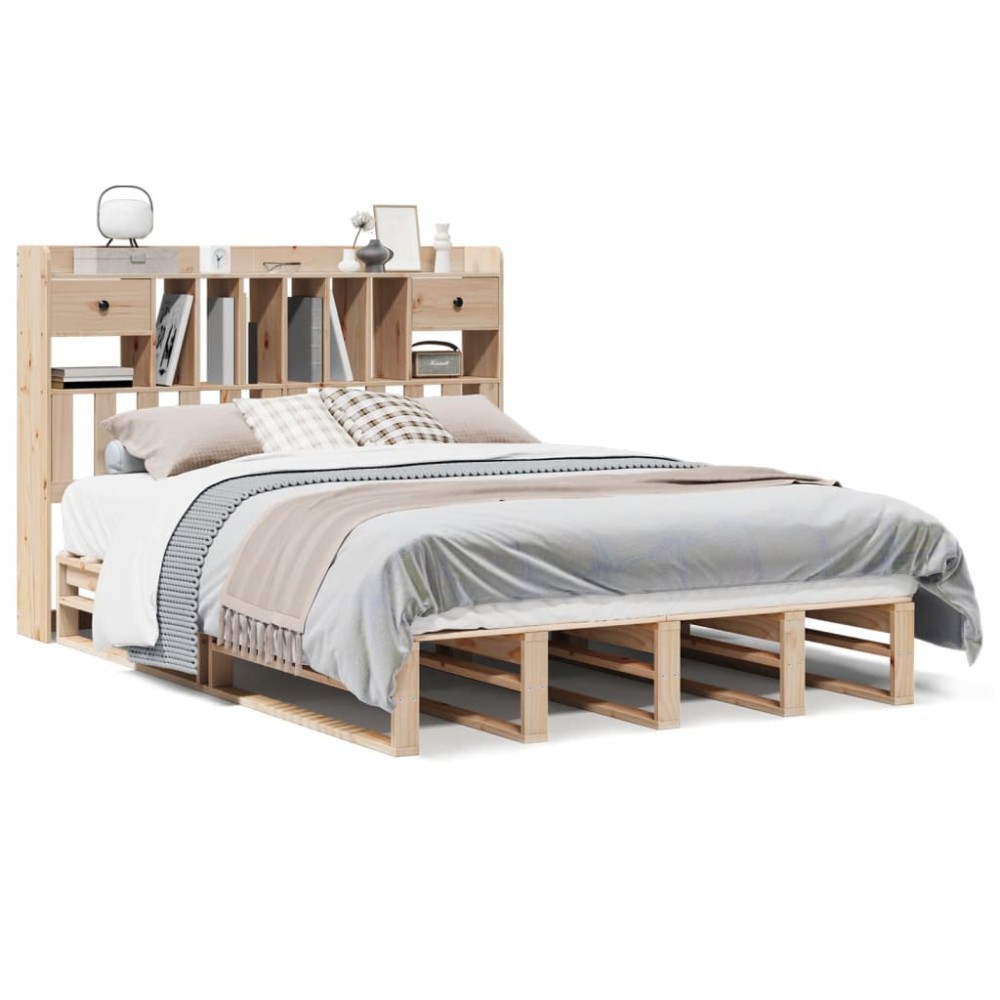 vidaXL Pat cu bibliotecă fără saltea, 140x190 cm, lemn masiv de pin