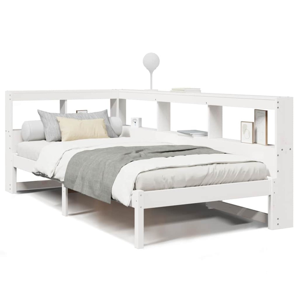 vidaXL Pat cu bibliotecă fără saltea, alb, 75x190 cm, lemn masiv pin