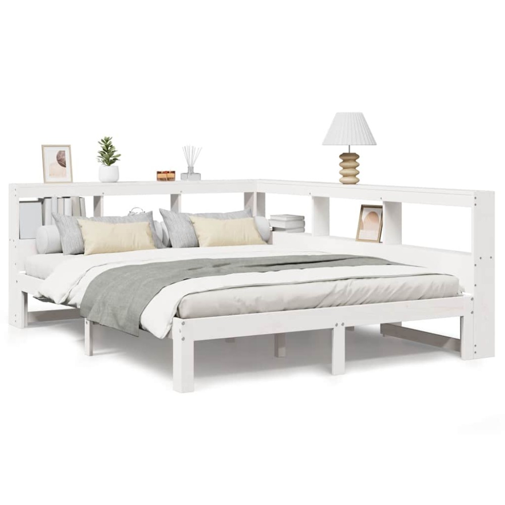 vidaXL Pat cu bibliotecă fără saltea, alb, 140x190 cm, lemn masiv pin