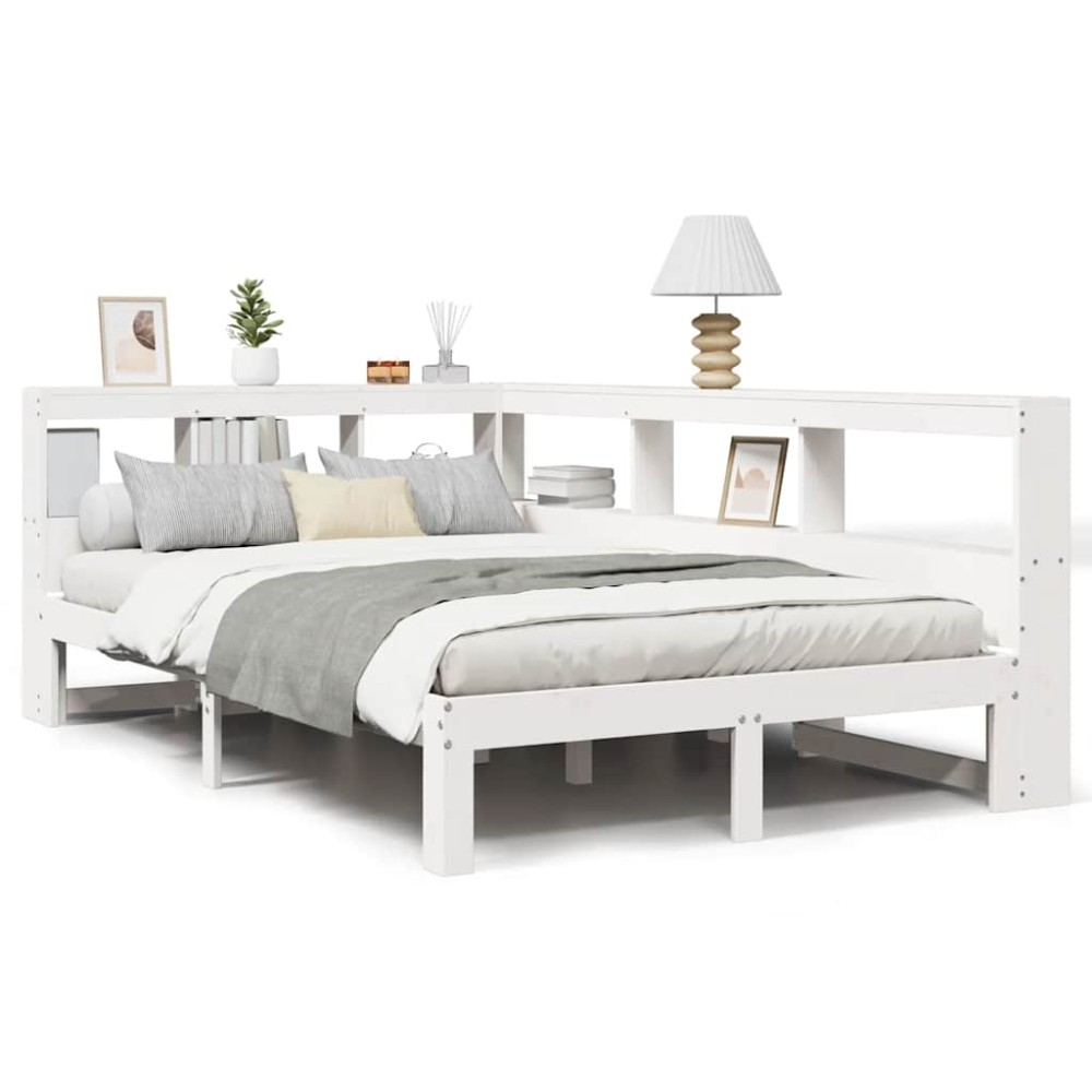 vidaXL Pat cu bibliotecă fără saltea, alb, 135x190 cm, lemn masiv pin