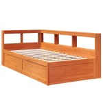 vidaXL Pat cu bibliotecă fără saltea, maro, 90x200 cm, lemn masiv pin vidaXL Pat cu bibliotecă fără saltea, maro, 90x200 cm, lemn masiv pin