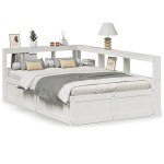 vidaXL Pat cu bibliotecă fără saltea, alb, 140x190 cm, lemn masiv pin