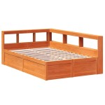 vidaXL Pat cu bibliotecă fără saltea, maro, 120x190 cm, lemn masiv pin vidaXL Pat cu bibliotecă fără saltea, maro, 120x190 cm, lemn masiv pin
