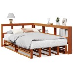 vidaXL Pat cu bibliotecă fără saltea, maro, 120x200 cm, lemn masiv pin vidaXL Pat cu bibliotecă fără saltea, maro, 120x200 cm, lemn masiv pin