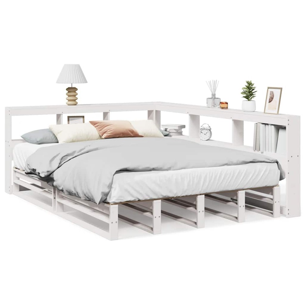vidaXL Pat cu bibliotecă fără saltea, alb, 135x190 cm, lemn masiv pin