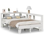 vidaXL Pat cu bibliotecă fără saltea, alb, 140x190 cm, lemn masiv pin vidaXL Pat cu bibliotecă fără saltea, alb, 140x190 cm, lemn masiv pin