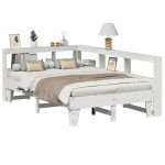 vidaXL Pat cu bibliotecă fără saltea, alb, 140x190 cm, lemn masiv pin vidaXL Pat cu bibliotecă fără saltea, alb, 140x190 cm, lemn masiv pin