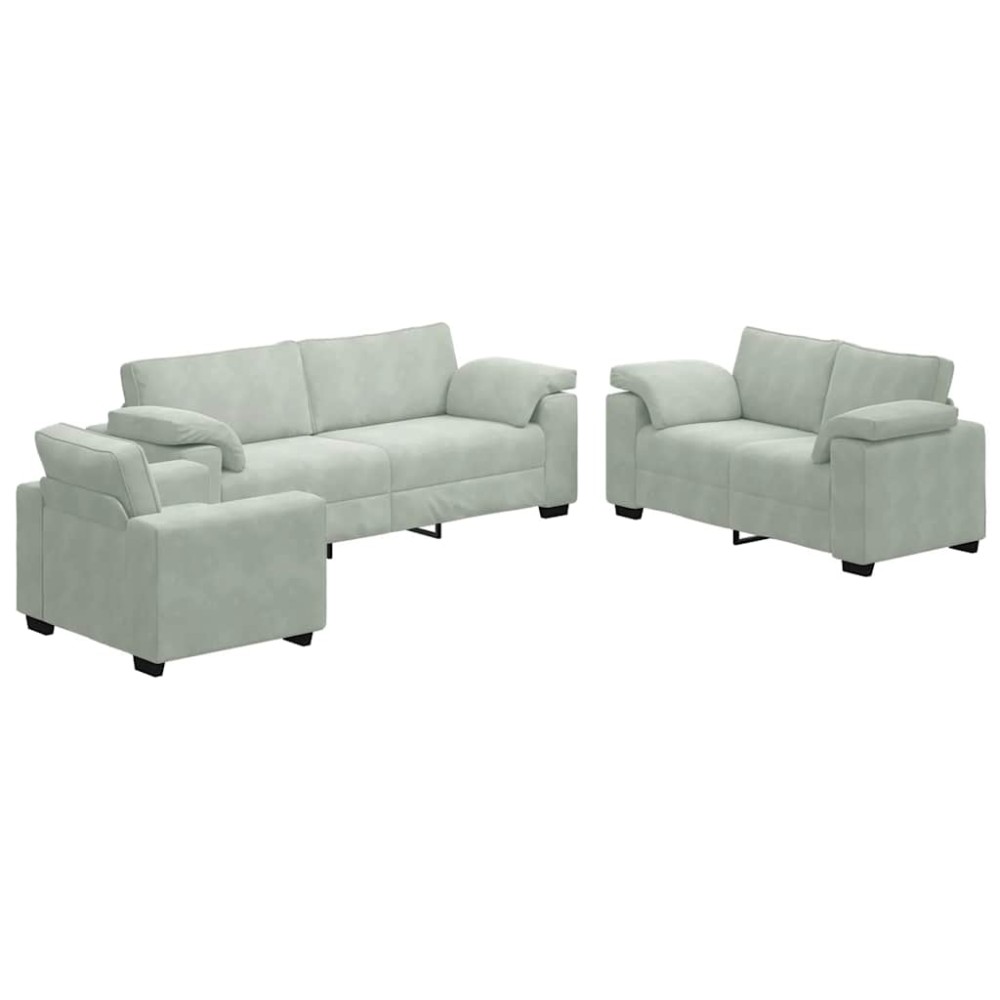 vidaXL Set de canapele cu perne, 3 piese, gri deschis, catifea