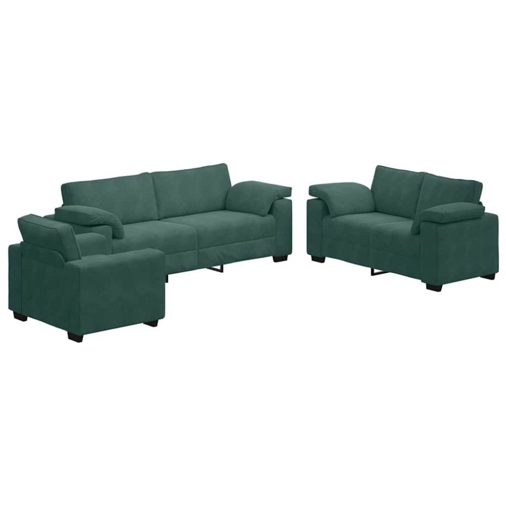 vidaXL Set de canapele cu perne, 3 piese, verde închis, catifea