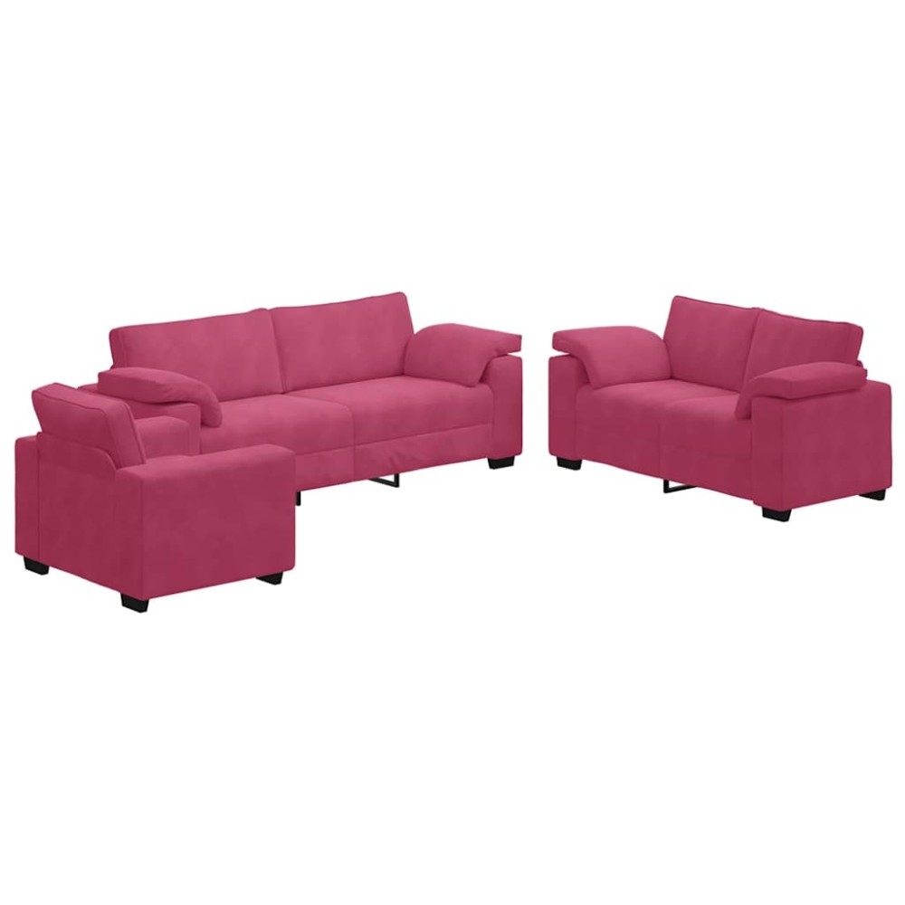 vidaXL Set canapea cu perne, 3 piese, roșu vin, catifea