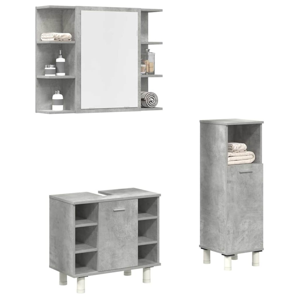 vidaXL Set mobilier de baie, 3 piese, gri beton, lemn compozit