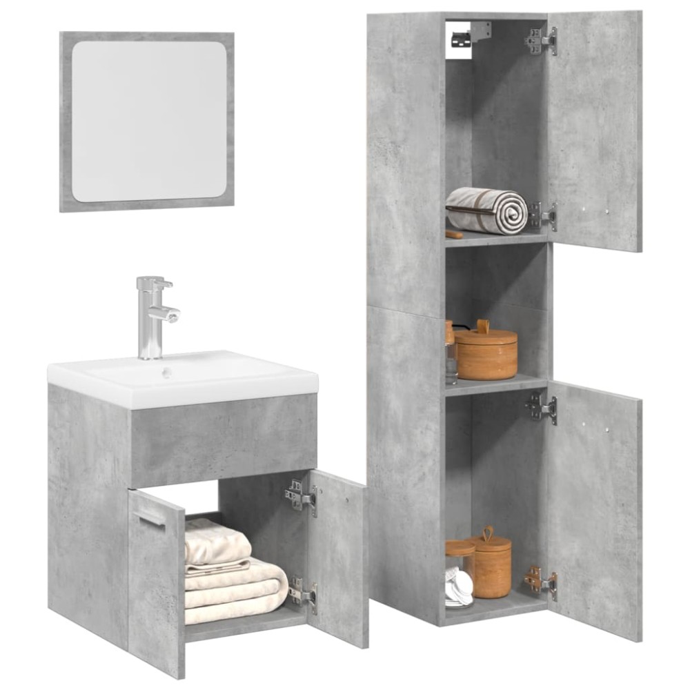 vidaXL Set mobilier de baie, 3 piese, gri beton, lemn compozit