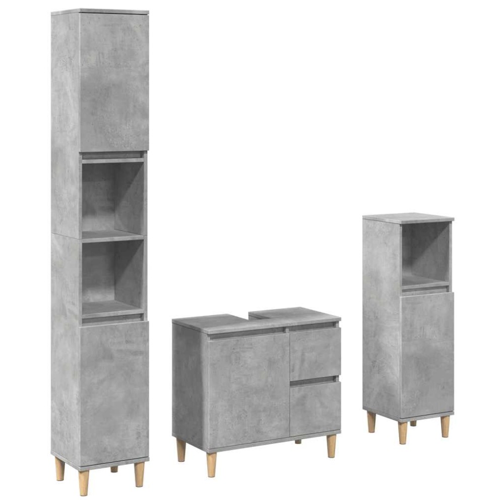 vidaXL Set mobilier de baie, 3 piese, gri beton, lemn compozit