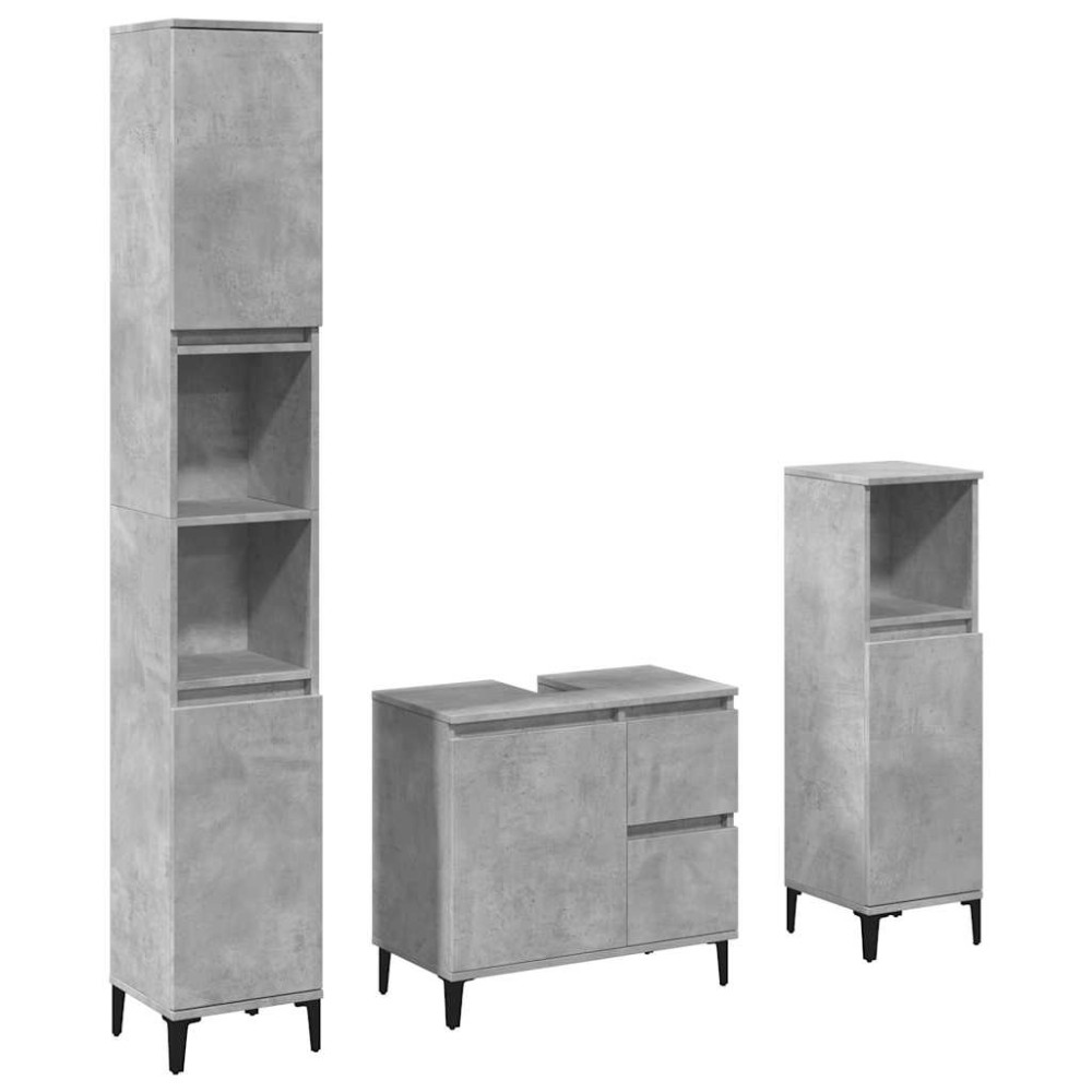 vidaXL Set mobilier de baie, 3 piese, gri beton, lemn compozit