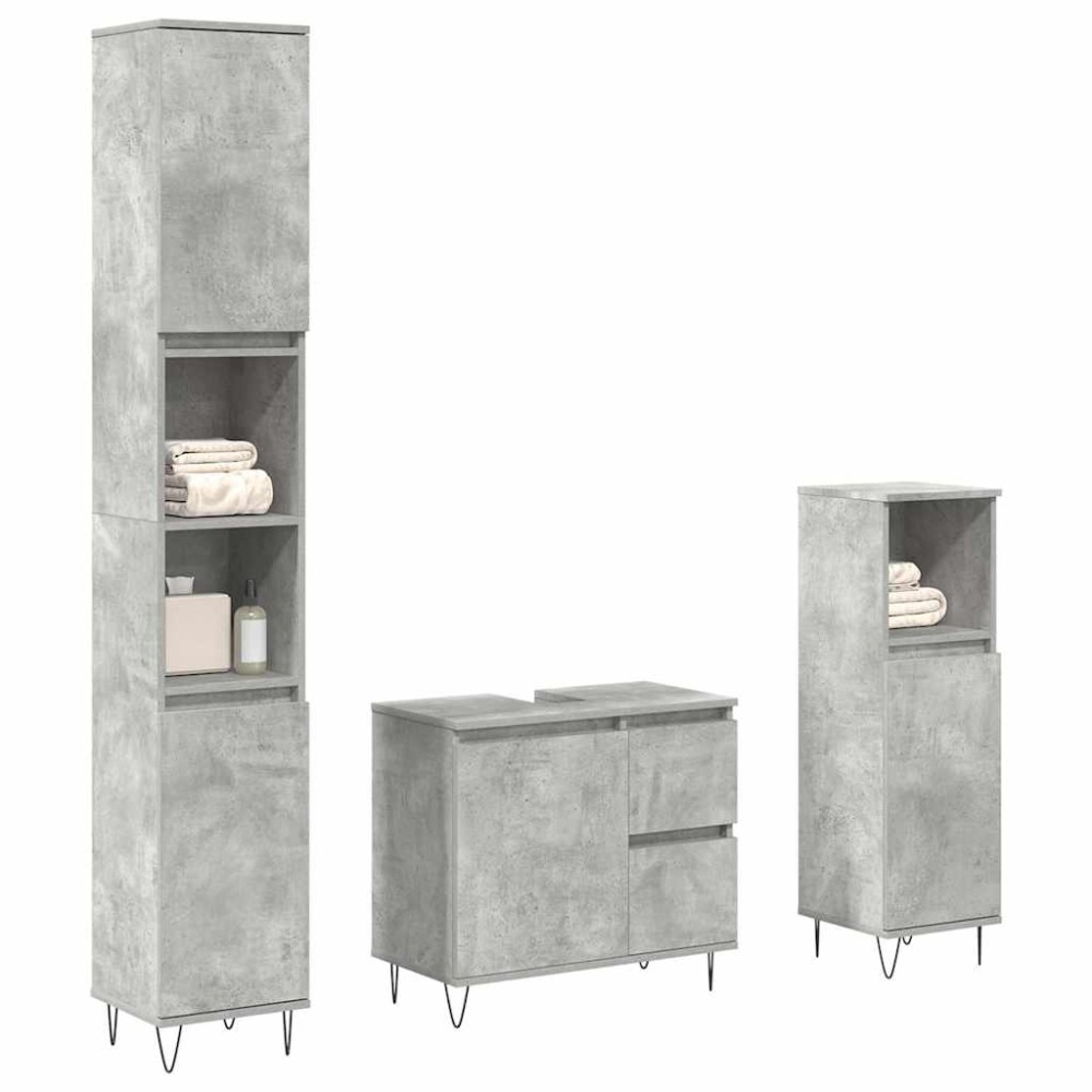 vidaXL Set mobilier de baie, 3 piese, gri beton, lemn compozit