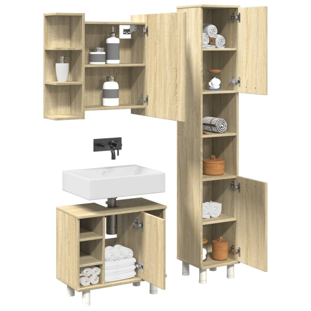 vidaXL Set mobilier de baie, 3 piese, stejar sonoma, lemn prelucrat