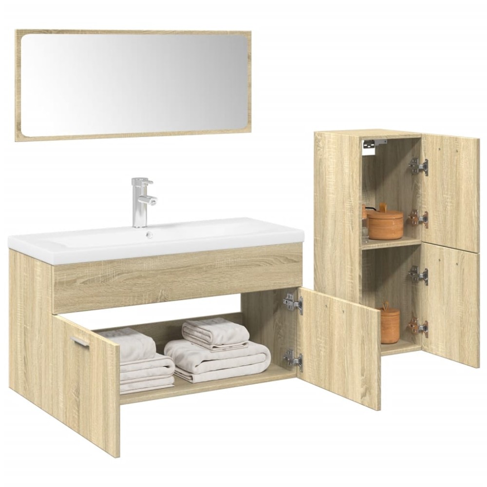 vidaXL Set mobilier de baie, 3 piese, stejar sonoma, lemn prelucrat