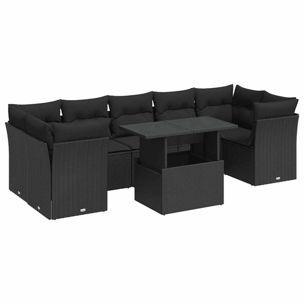 vidaXL Set mobilier de grădină cu perne, 8 piese, negru, poliratan
