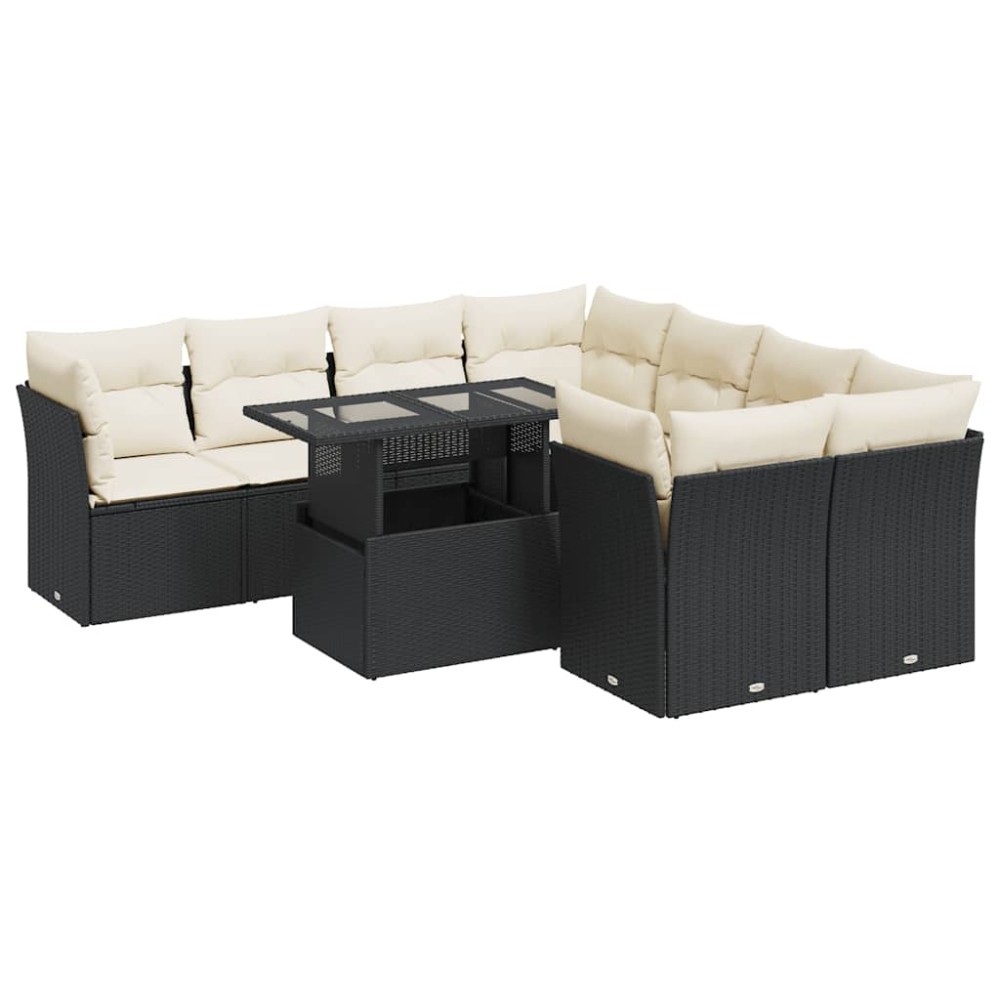 vidaXL Set mobilier de grădină cu perne, 9 piese, negru, poliratan