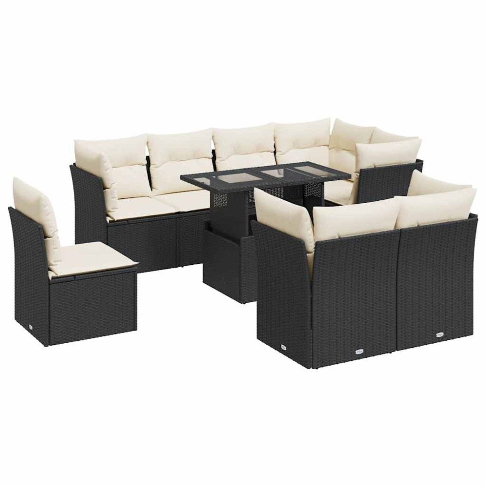 vidaXL Set mobilier de grădină cu perne, 9 piese, negru, poliratan