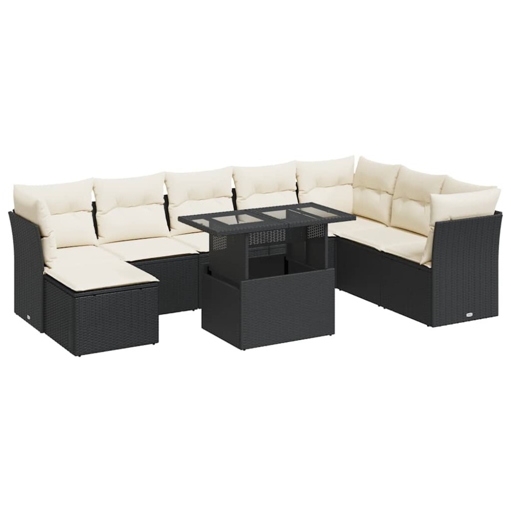 vidaXL Set mobilier de grădină cu perne, 9 piese, negru, poliratan