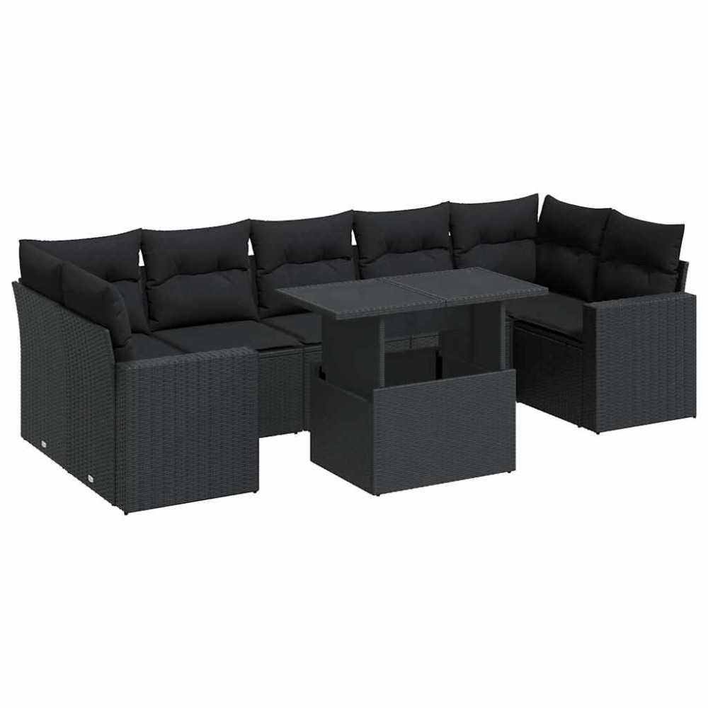 vidaXL Set mobilier de grădină cu perne, 8 piese, negru, poliratan
