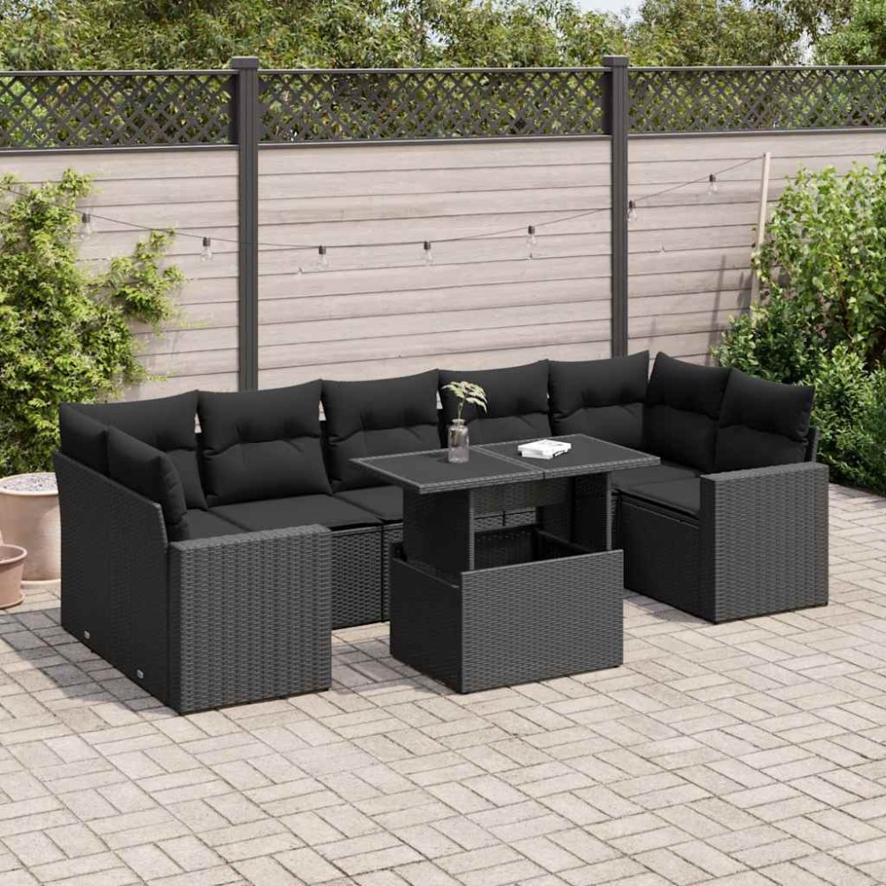 vidaXL Set mobilier de grădină cu perne, 8 piese, negru, poliratan