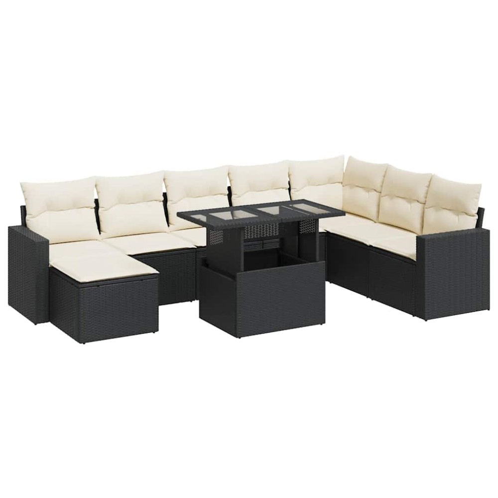 vidaXL Set mobilier de grădină cu perne, 9 piese, negru, poliratan