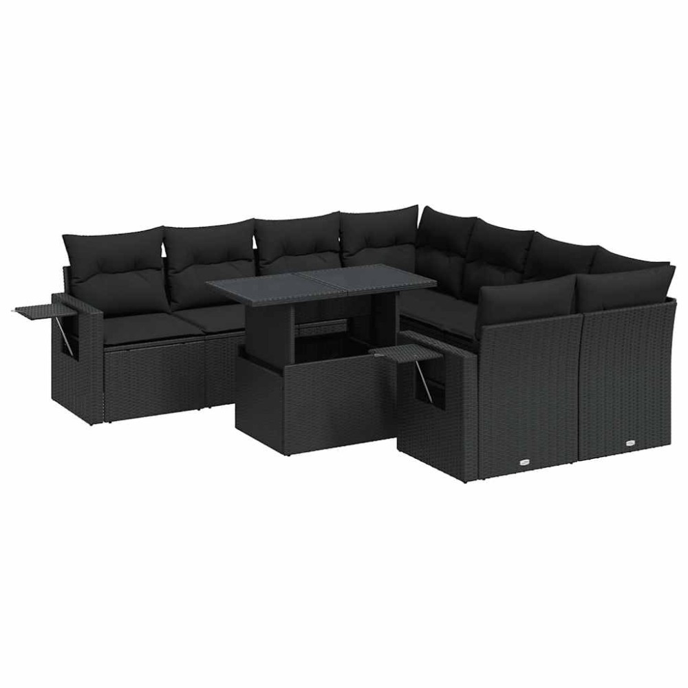 vidaXL Set mobilier de grădină cu perne, 9 piese, negru, poliratan