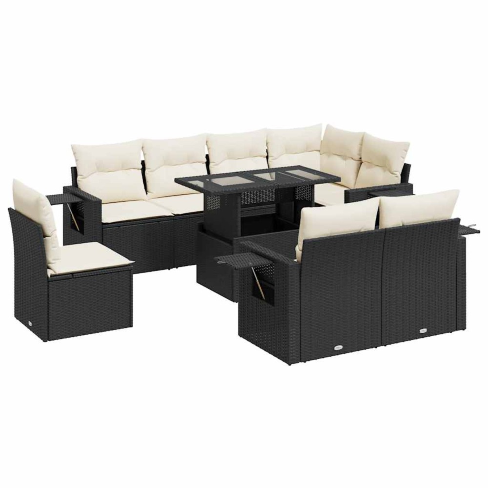 vidaXL Set mobilier de grădină cu perne, 9 piese, negru, poliratan
