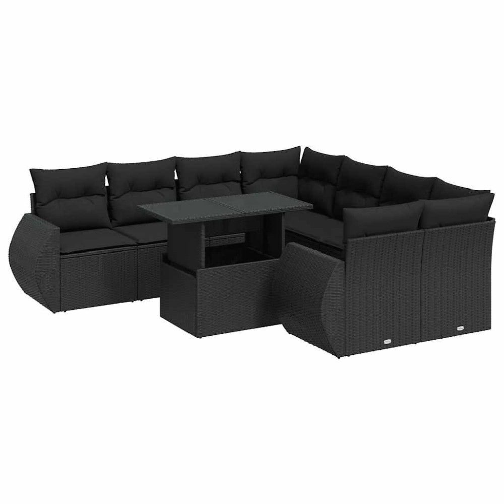 vidaXL Set mobilier de grădină cu perne, 9 piese, negru, poliratan