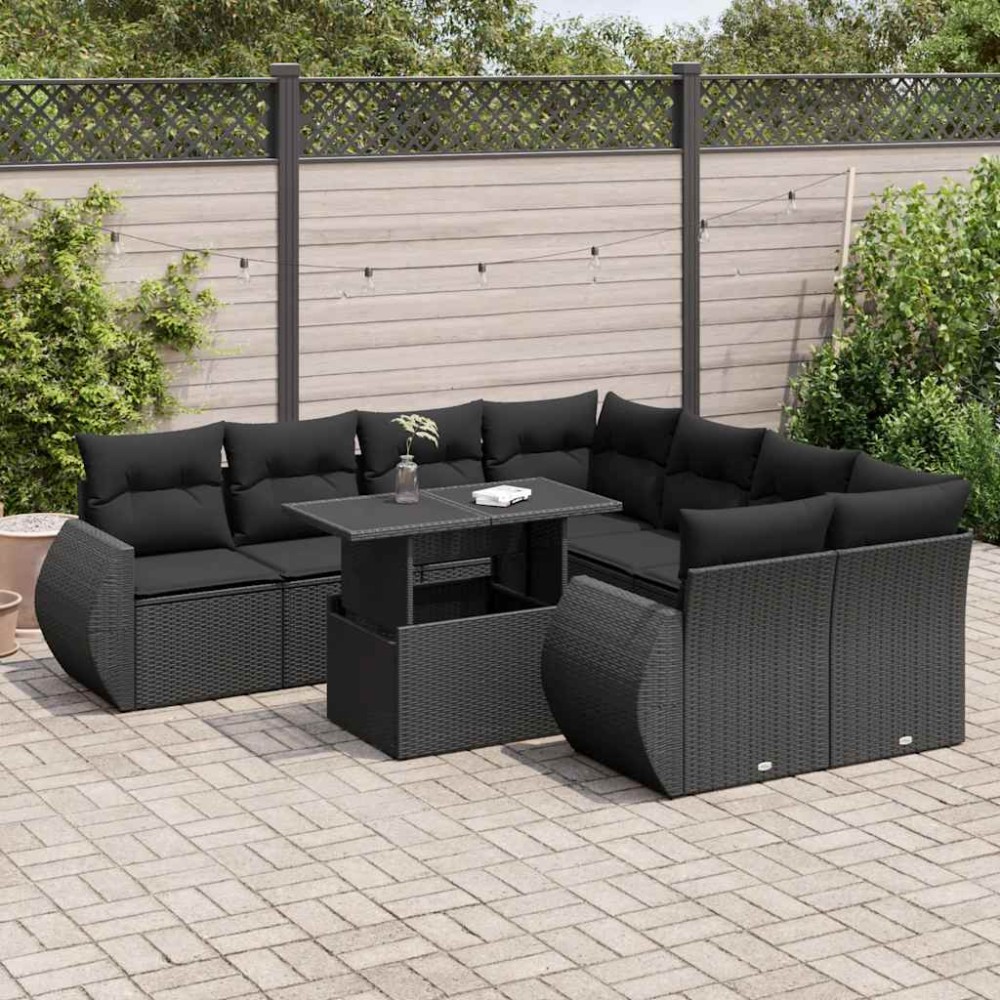 vidaXL Set mobilier de grădină cu perne, 9 piese, negru, poliratan