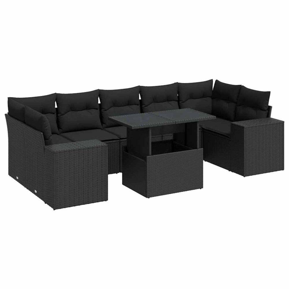 vidaXL Set mobilier de grădină cu perne, 8 piese, negru, poliratan