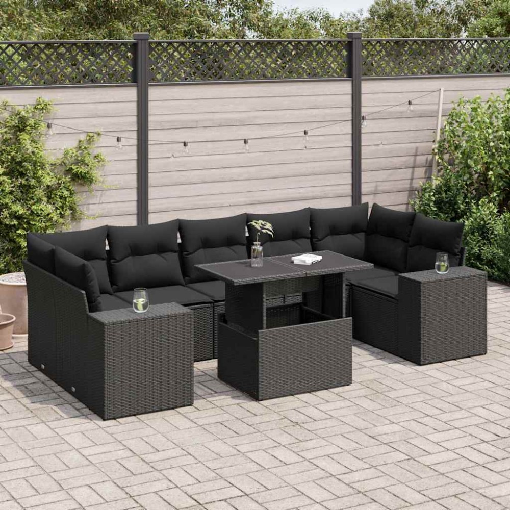 vidaXL Set mobilier de grădină cu perne, 8 piese, negru, poliratan