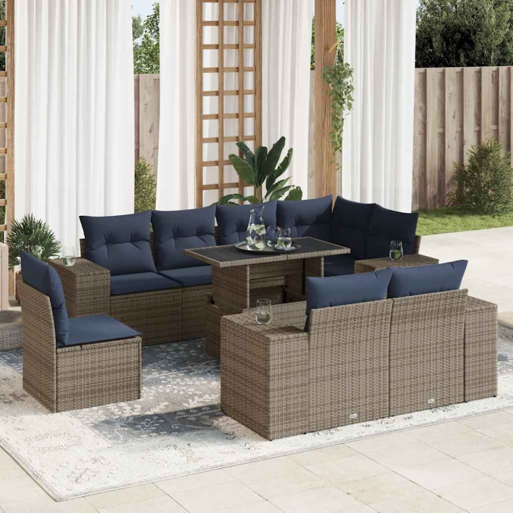 vidaXL Set mobilier grădină cu perne 9piese gri poliratan/lemn acacia