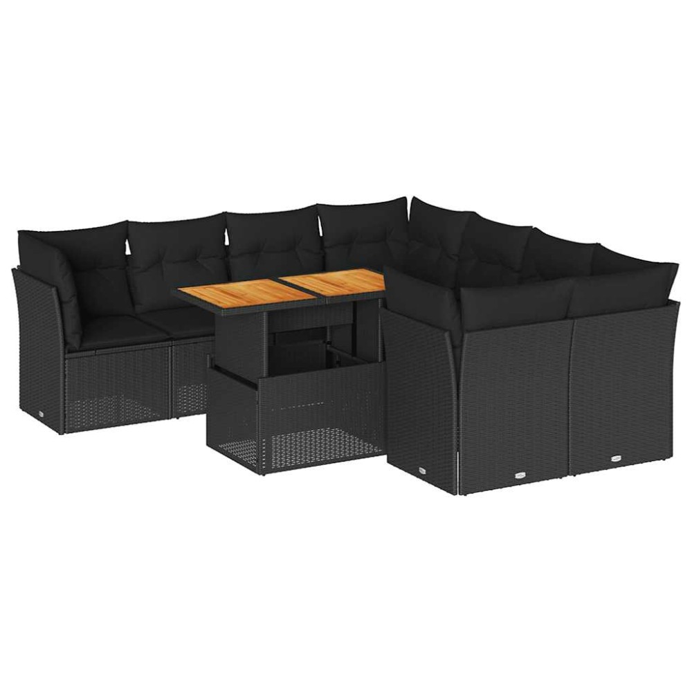 vidaXL Set mobilier de grădină cu perne, 9 piese, negru, poliratan