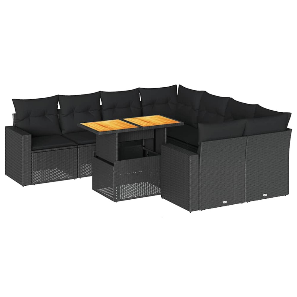 vidaXL Set mobilier de grădină cu perne, 9 piese, negru, poliratan