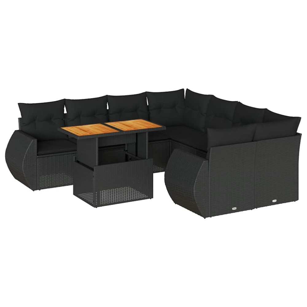 vidaXL Set mobilier de grădină cu perne, 9 piese, negru, poliratan