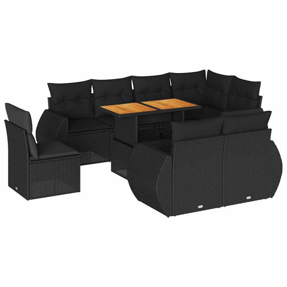vidaXL Set mobilier de grădină cu perne, 9 piese, negru, poliratan