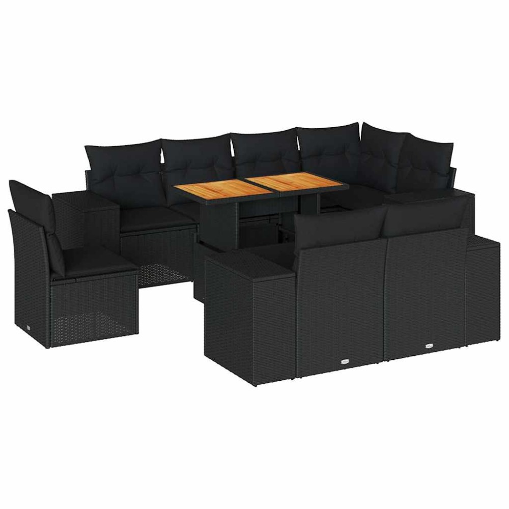 vidaXL Set mobilier de grădină cu perne, 9 piese, negru, poliratan