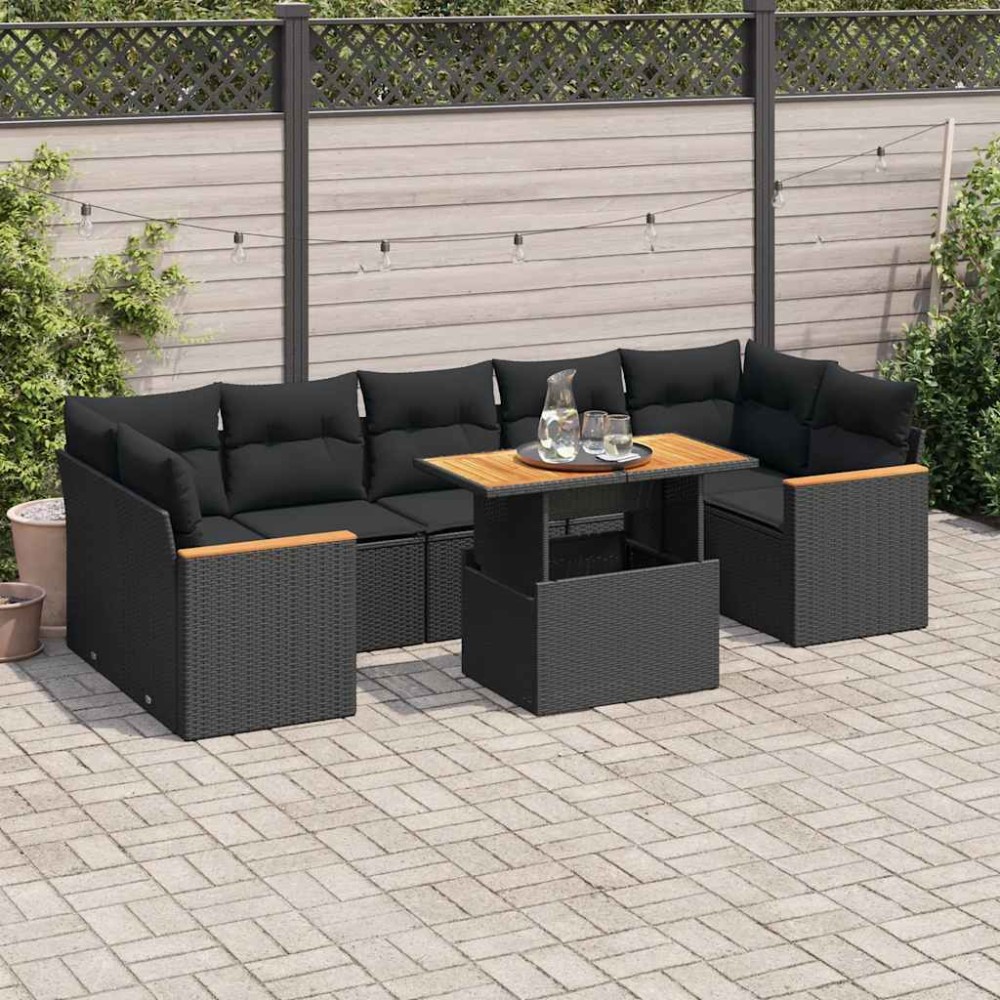vidaXL Set mobilier grădină perne 8 piese negru, poliratan/lemn acacia