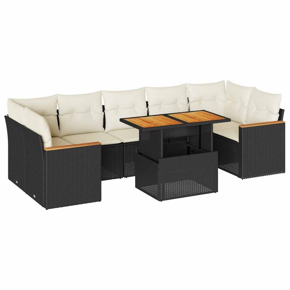 vidaXL Set mobilier grădină perne 8 piese negru, poliratan/lemn acacia