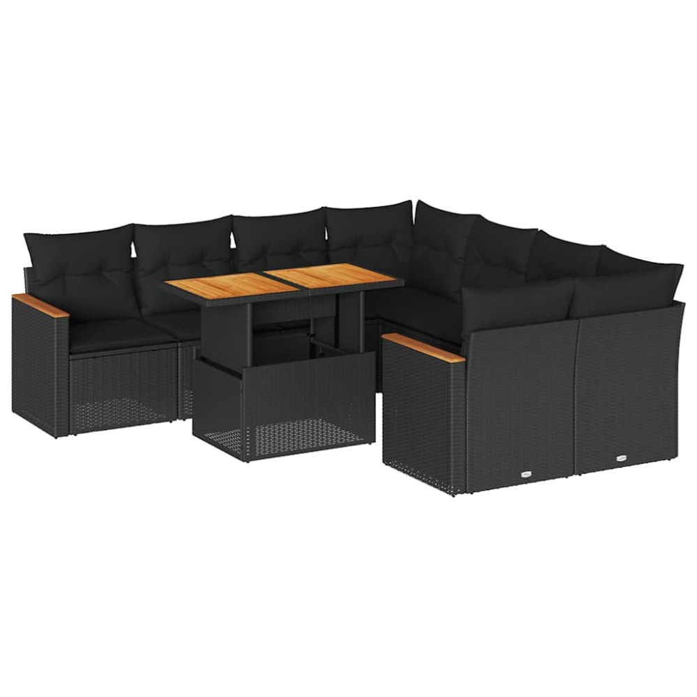 vidaXL Set mobilier grădină perne 9 piese negru poliratan/lemn acacia