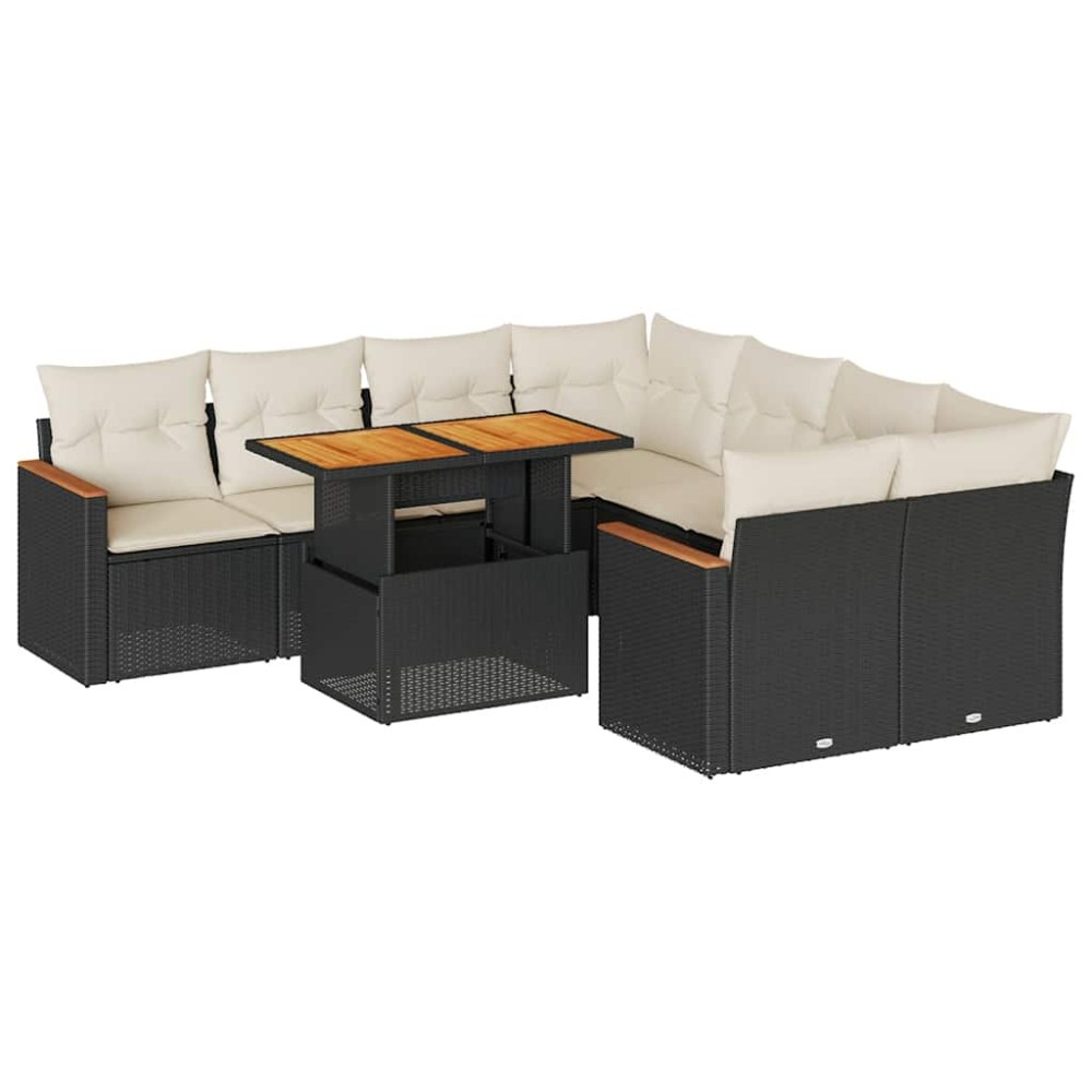 vidaXL Set mobilier grădină perne 9 piese negru poliratan/lemn acacia