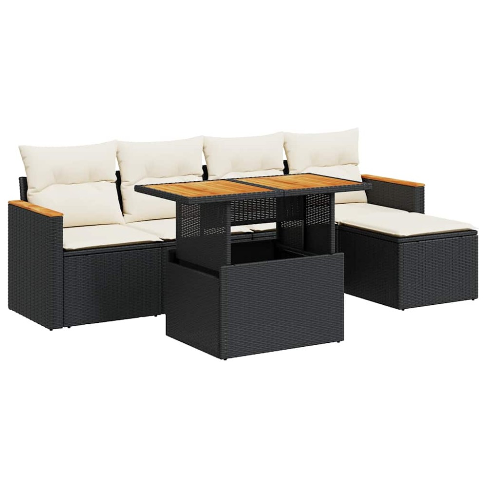 vidaXL Set mobilier grădină perne 6 piese negru poliratan/lemn acacia