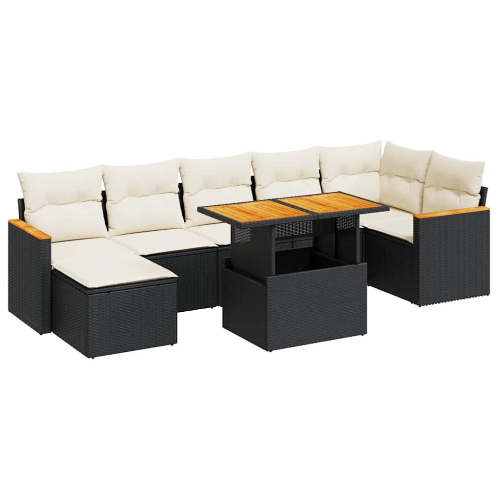 vidaXL Set mobilier grădină perne 8 piese negru, poliratan/lemn acacia