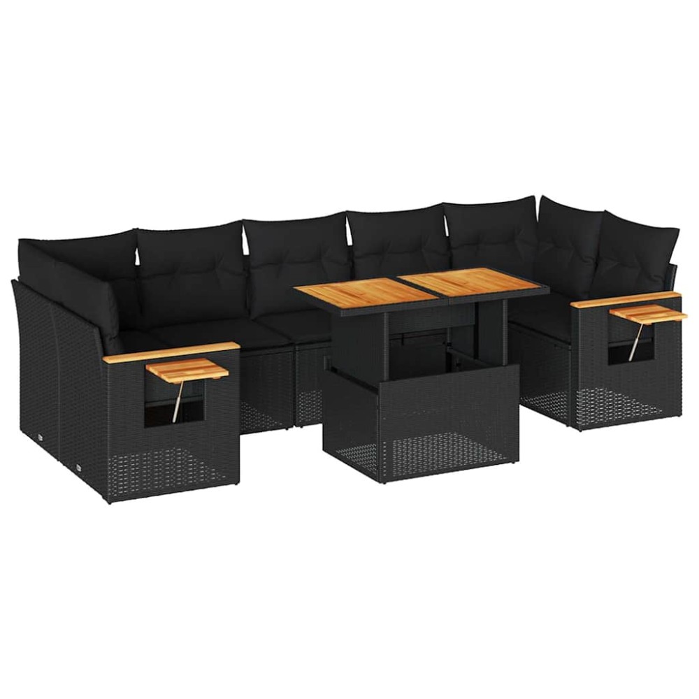 vidaXL Set mobilier grădină perne 8 piese negru, poliratan/lemn acacia