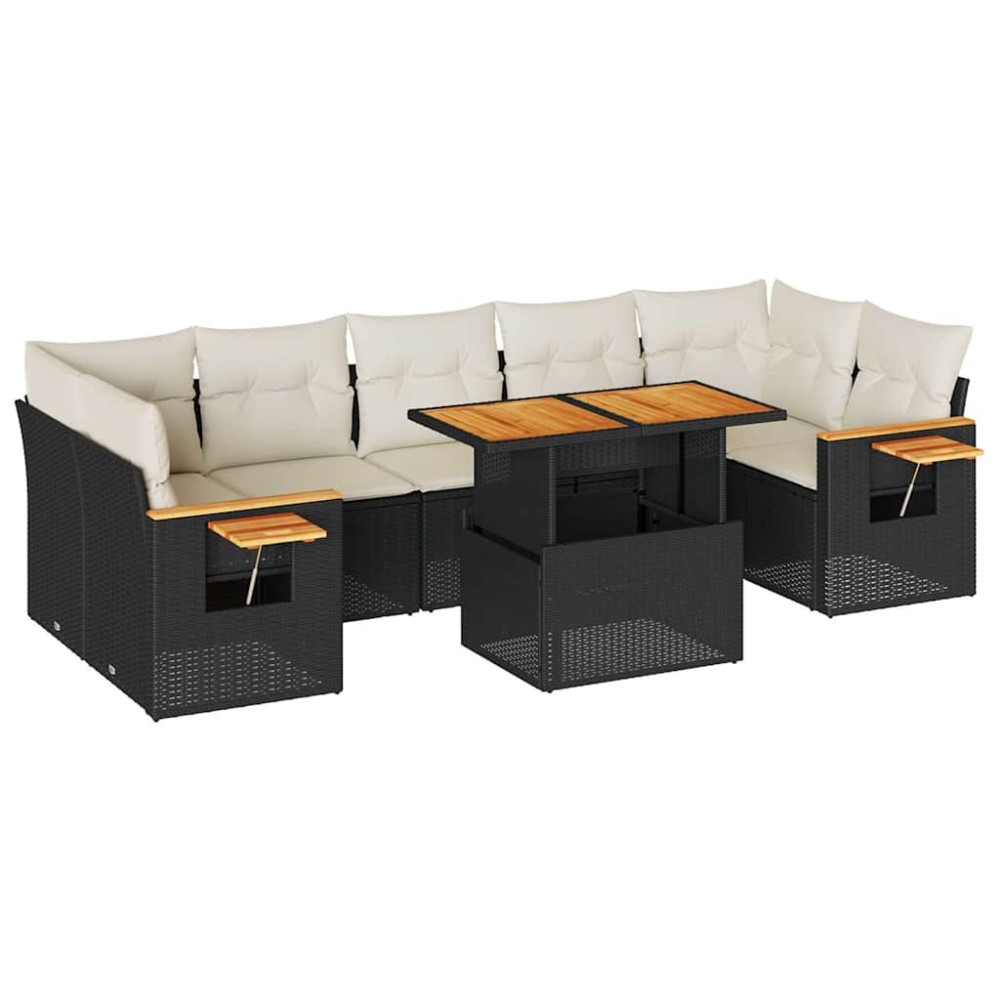 vidaXL Set mobilier grădină perne 8 piese negru, poliratan/lemn acacia