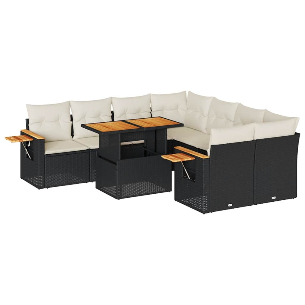 vidaXL Set mobilier grădină perne 9 piese negru poliratan/lemn acacia