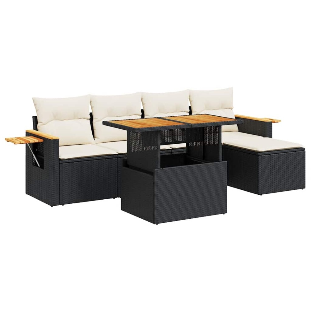 vidaXL Set mobilier grădină perne 6 piese negru poliratan/lemn acacia